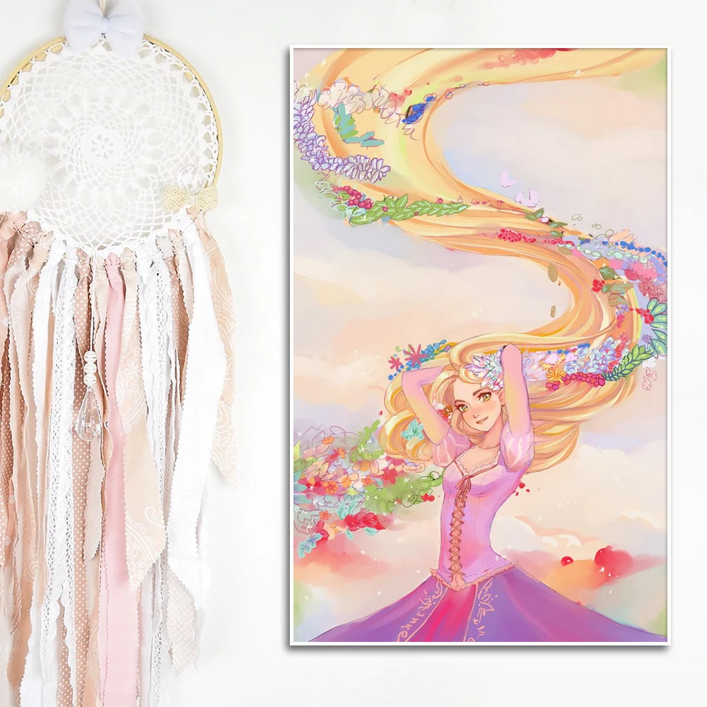 Tangled Rapunzel Painting Disney Princess Wall Art Canvas Poster Print Colorful Picture Girls Gift Kids Room Home Decor Cuadros