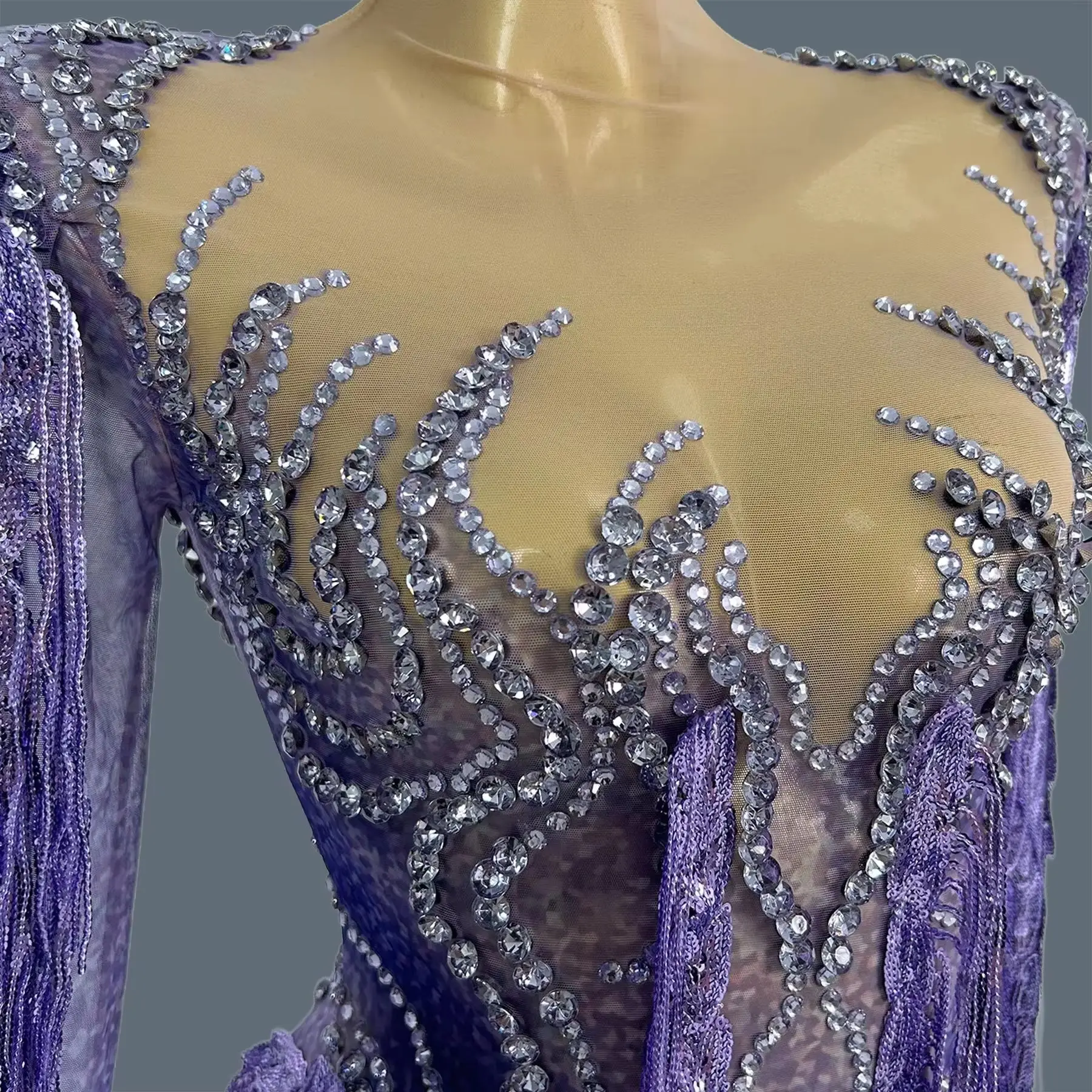 

Sparkly Purple Sequin Tassel Mini Dress Sexy Women Long Sleeves Bodysuit Women Party Bar Stage Dance Performance Outfit Chaomian