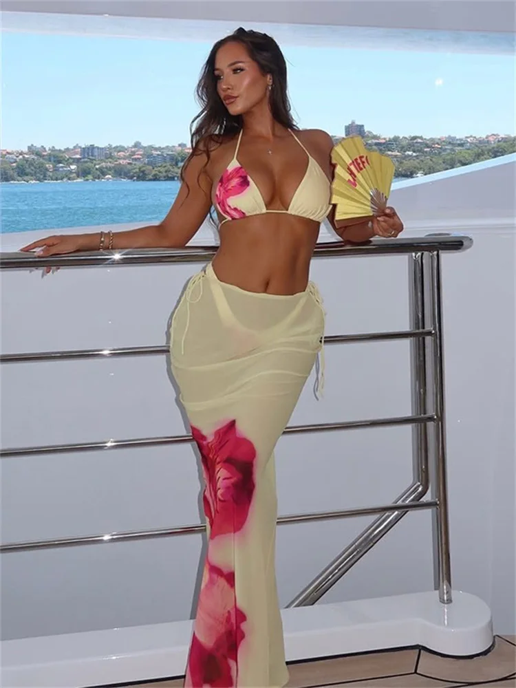 

Weird Puss Beach Style Women 3Piece Set Mini Lace-Up Bra+Frenulum Swimming Trunks+See Through long Skirts clubwear Vacation Suit