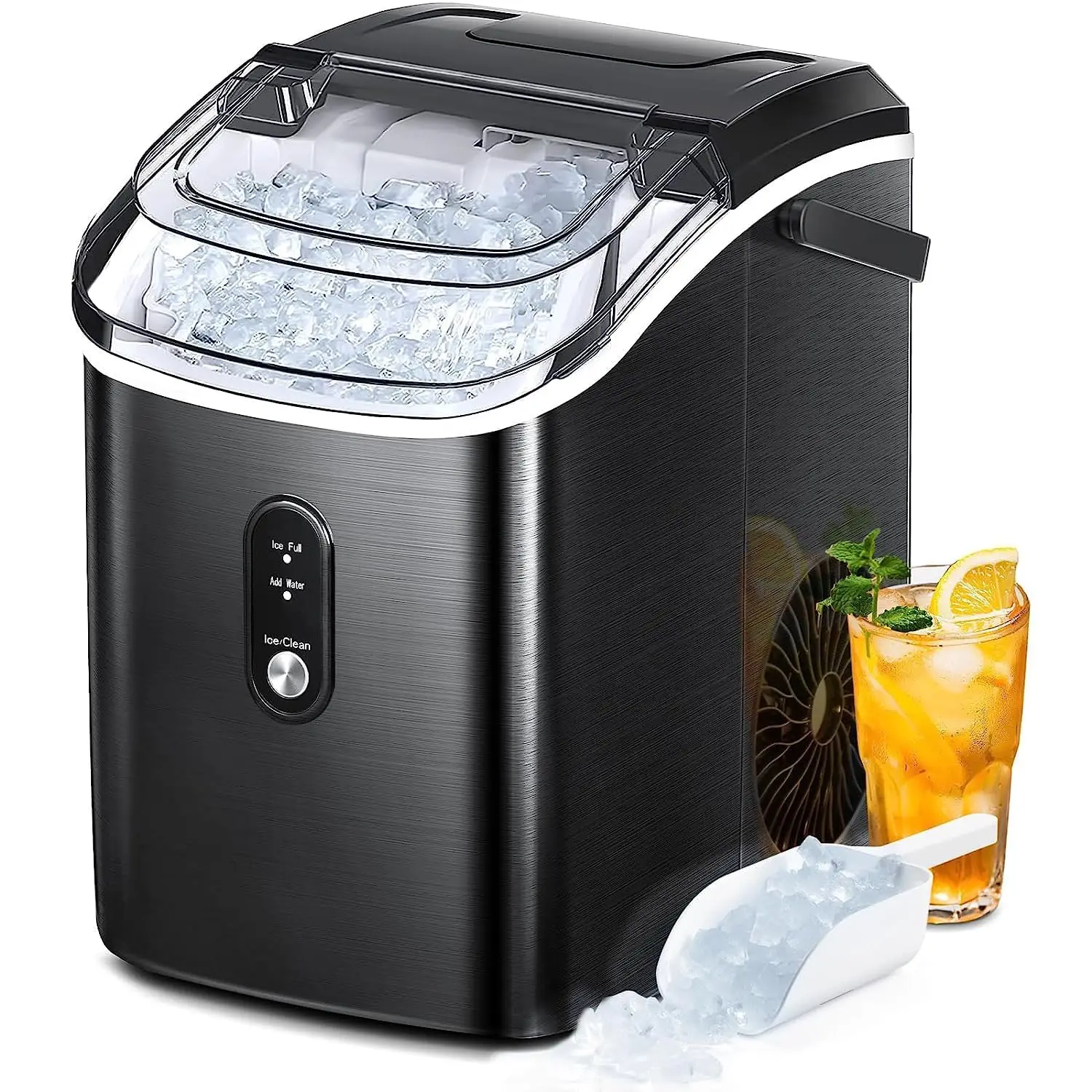 

Ice Maker with Handle, Ready in 6 Mins, 35lbs Per Day, Pebble Ice Machine with Soft Chewable Ice, Self-C