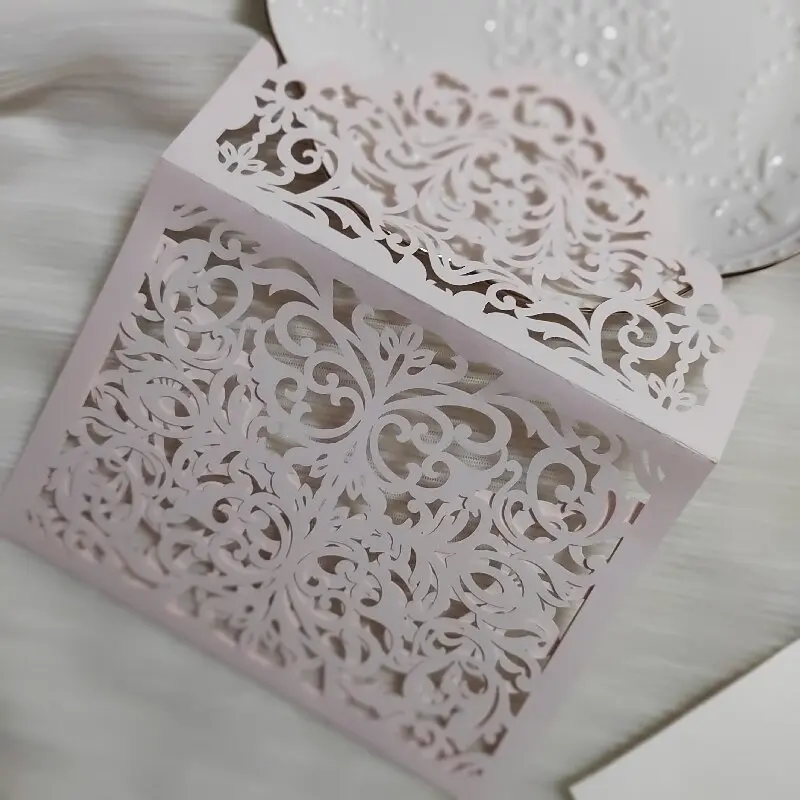 50pcs Laser Cut Blush Pink Invitations Cards Pockets Floral Design for Wedding Bridal Shower Birthday Quinceañera Invite