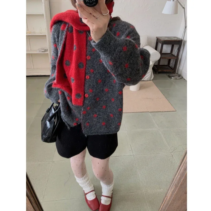 الكورية نمط البولكا نقطة متماسكة سترة وشاح المألوف تنوعا عادية لينة المرأة الخريف الشتاء جديد فضفاض سترة سترة #1