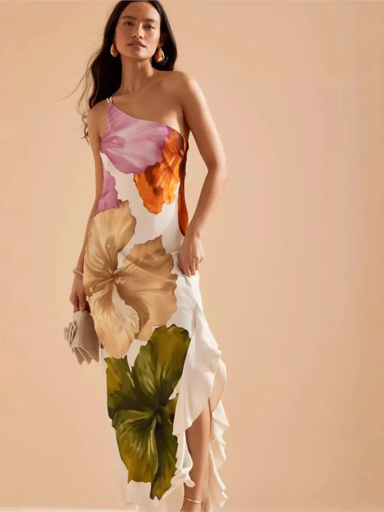 

Fashionable Irregular Slant Neck Off Shoulder Split Dress Spring Summer New Womens Dresses Printed Holiday Sleeveless Long Dress