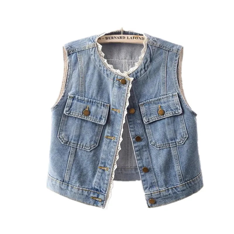 

Spring Summer New Women Short Denim Vest Lace O-Neck Single-Breasted Big Pocket Sleeveless Jacket Slim Cowboy Waistcoat T1449