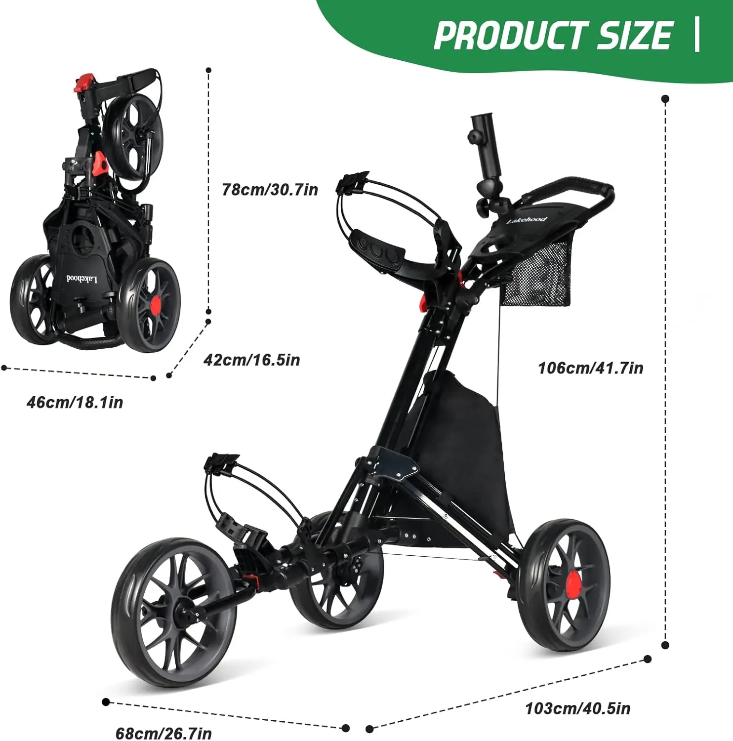 Golf Push Cart, 3 Wheel  Push Cart and Lightweight  Pull Cart, Push Cart  Easy to Open/Fold,