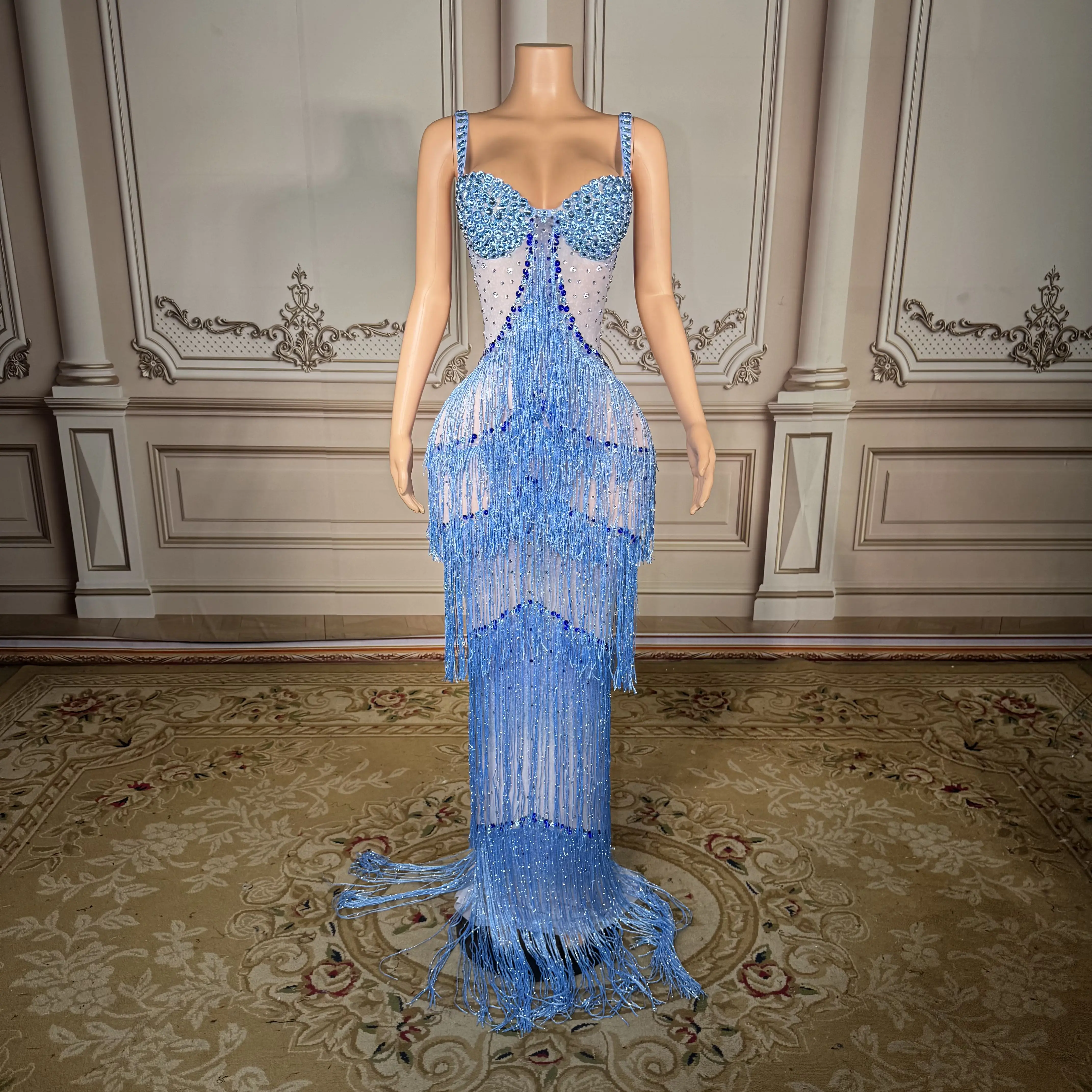 ZD Luxuriöses blaues Strass-Abendkleid mit Fransen für Damen – elegantes Quasten-Kristallkleid, sexy Party-Performance, langes Kleid 2025