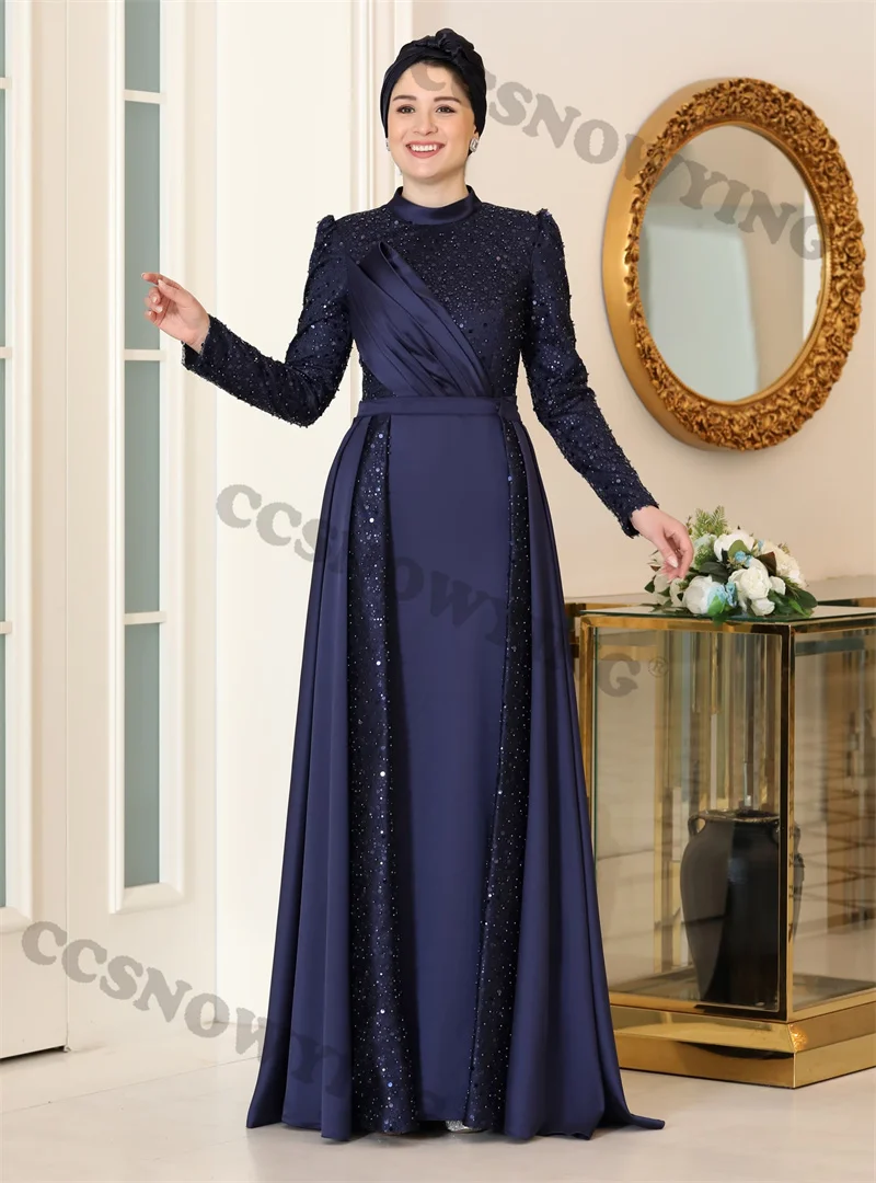 Sequin Beaded Elegant  Satin customizable High Neck Long Sleeve Evening Dresses Prom Dress Formal Occasion Dresses