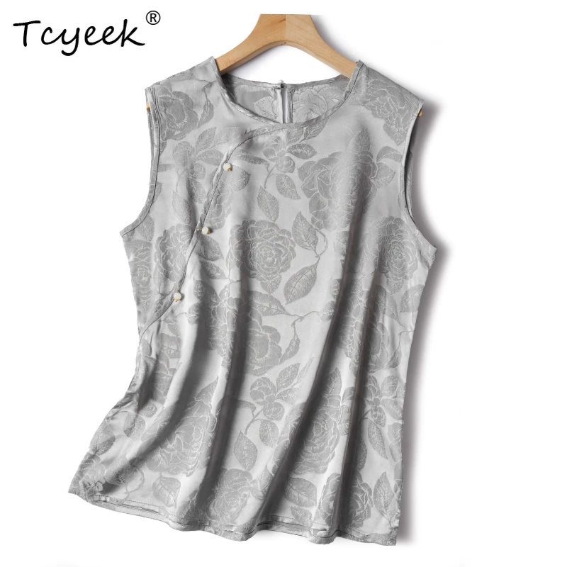 

Tcyeek 100% Real Mulberry Silk Summer Thin Chinese Style Solid Color Loose Strap Women's Sleeveless Tank Top Топ Женский Летний