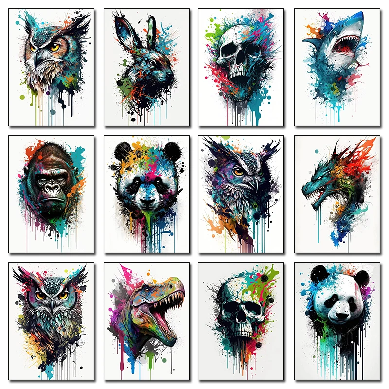 Graffiti Art Splash Dragon Shark Panda Dinosaur Owl Skull Poster Animal Canvas Painting Wall Picture for Living Room Home Dec
