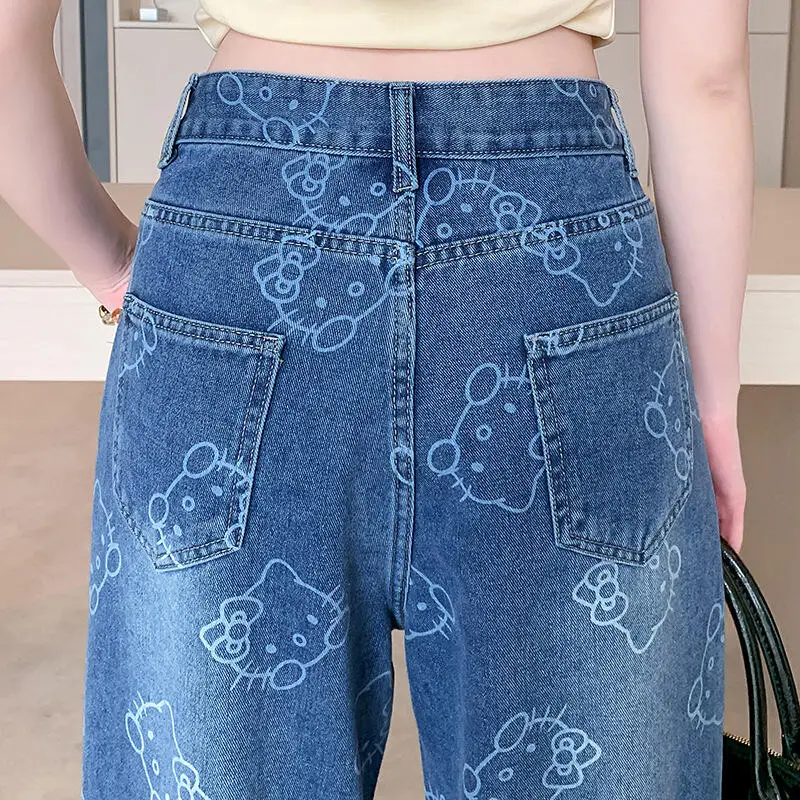 Chaud Sanrio dessin animé imprimé mode Cowboy pantalon 2025 nouvelles femmes quatre saisons conception taille haute goutte jambe droite jambe large pantalon