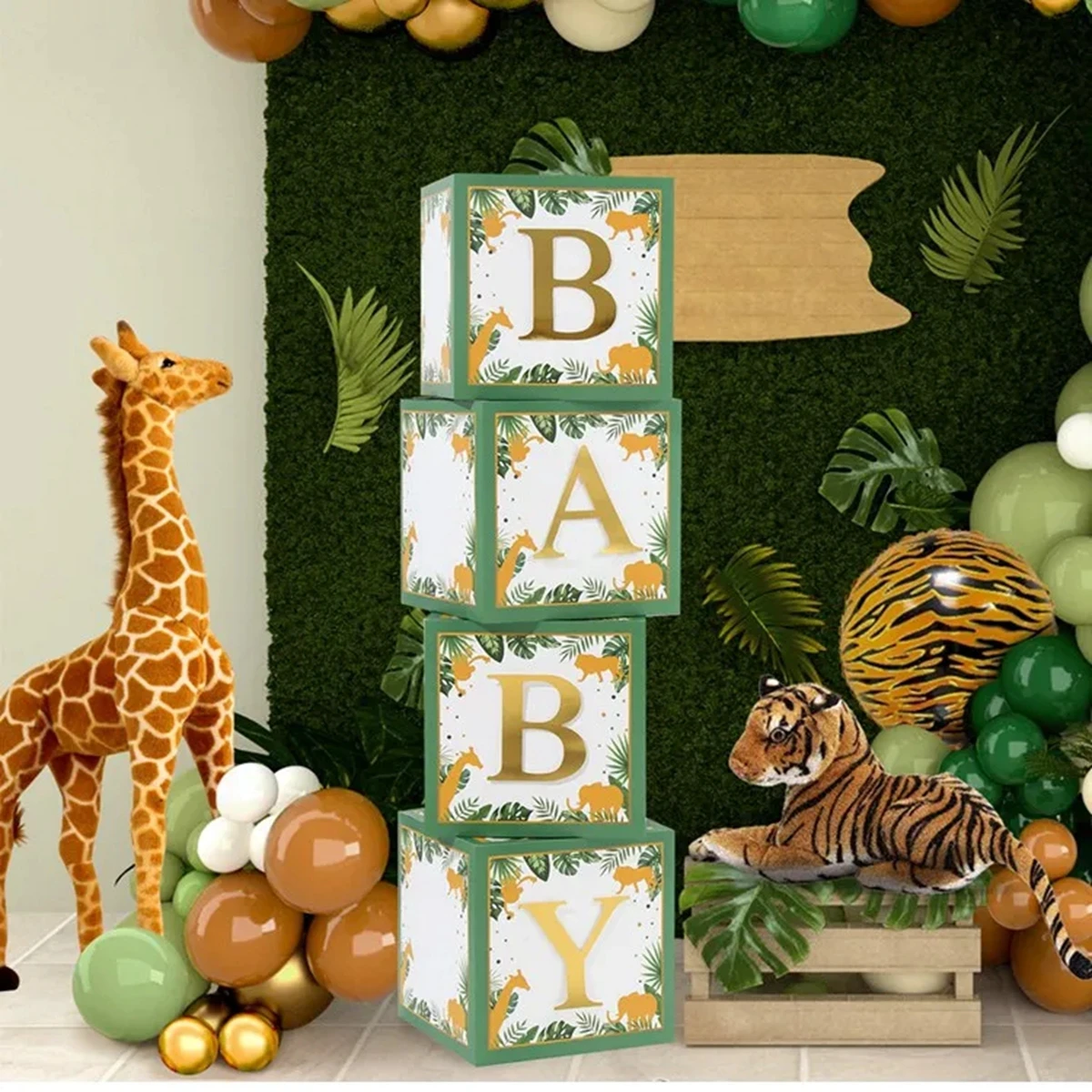 Green Baby Shower Box Frist 1 1st Birthday Decoration Boy One Year Old Jungle Safari Birthday Party Gender Reveal Baptism Decor