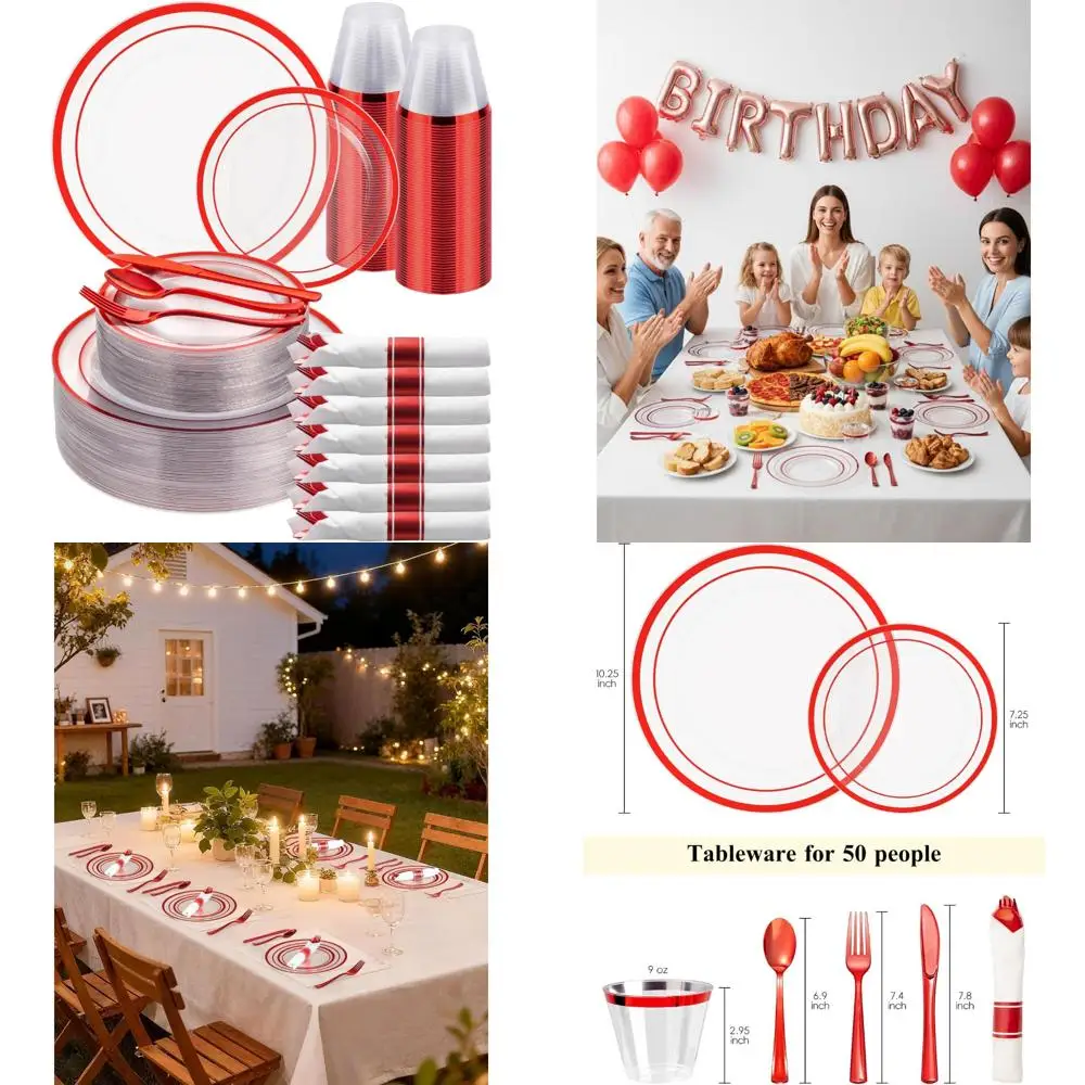 

Одноразовые красные пластиковые тарелки и набор прозрачного серебра — 350 предметов, включая 100 тарелок, 50 упаковок салфеток для вечеринок
