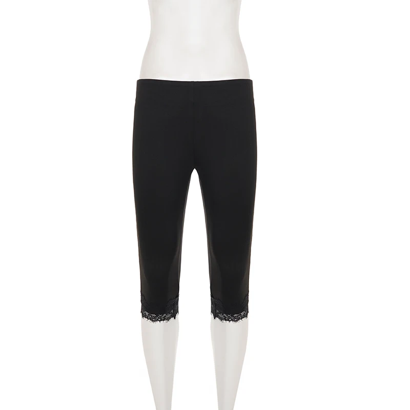 SUCHCUTE Schwarze knielange Skinny-Hose für Damen, elastische Taille, Spitzen-Strickhose, Y2k Streetwear, lässige Hose, Grunge Fairycore – Detail 4