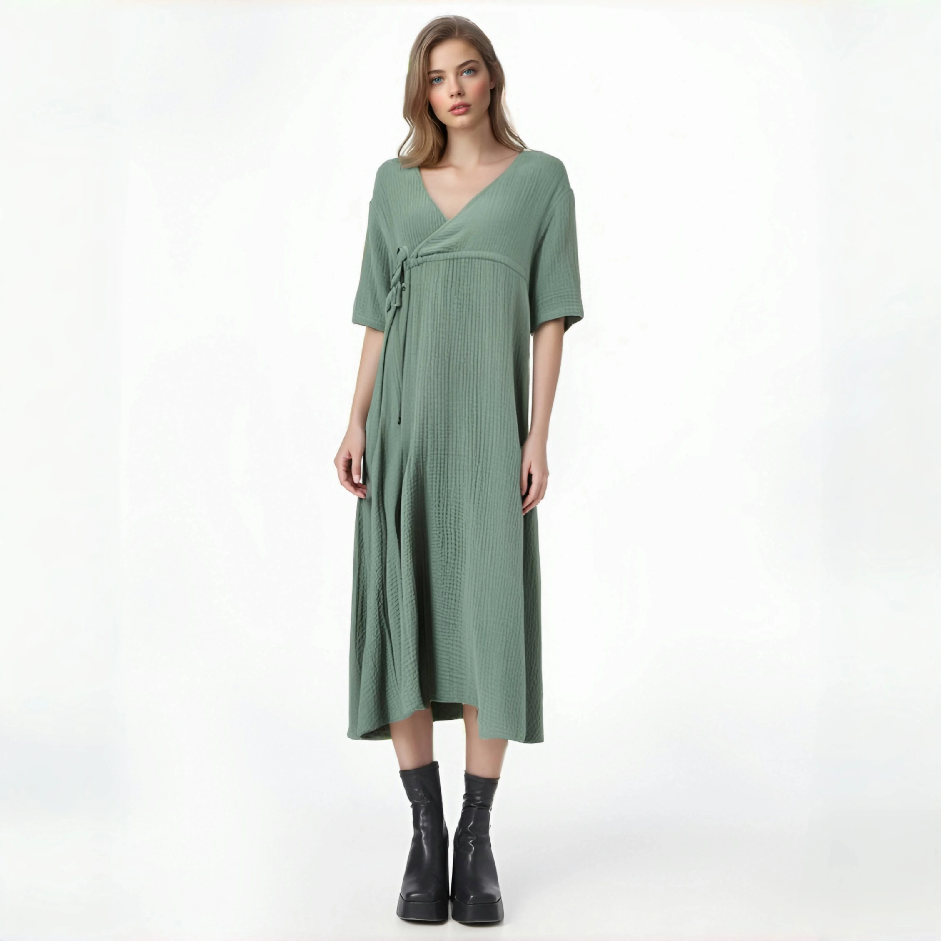 Elegant 100% Cotton Midi Dress Soild Loose Short Sleeve High Waist A-Line Dresses Female Muslin Robe Hoilday Travel Beachwear