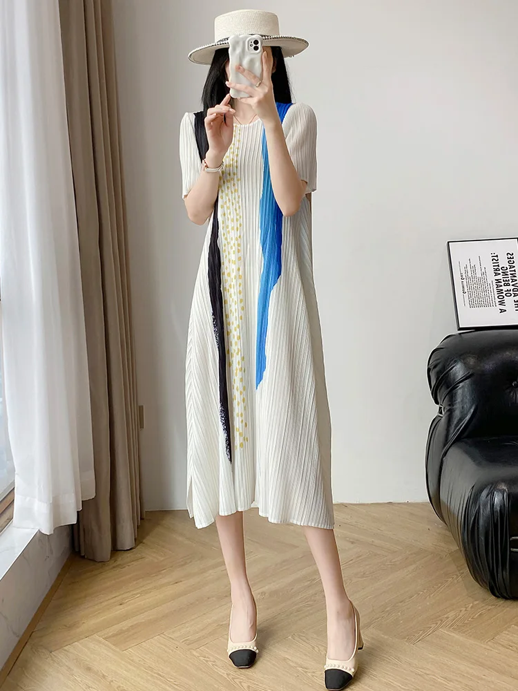 

Summer New plus Size Women's Dress Sashiko Style Pleated Loose Fit Printed High Waist Elastic A-Line Skirt Casual Polyester F...