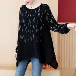 Fashion Irregular Hem T-shirt Spring Autumn Casual O-Neck Women's Clothing Long Sleeve Korean Printed Loose Commute Pullovers