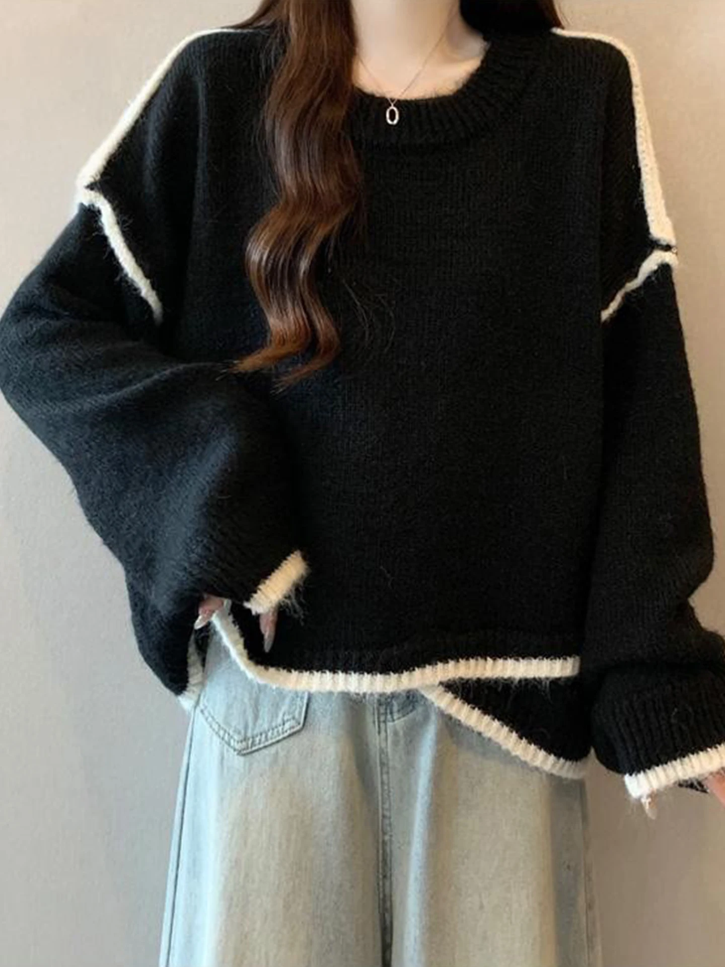 

Свободный вязаный джемпер для женщин больших размеров на осень-зиму, скрывающий недостатки фигуры, с асимметричным подолом, премиум-класса, комфортный, мягкий, с длинными рукавами