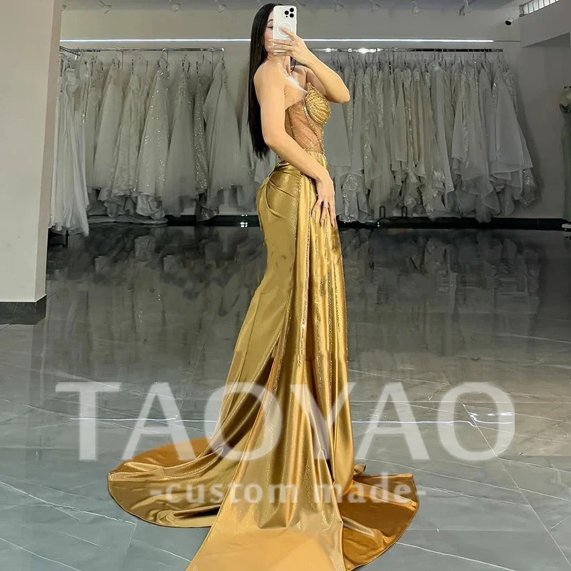 Formal Satin Mermaid Prom Evening Dresses Sweetheart Beading Split Off Shoulder Party Dress Women Cocktail Prom Gowns Customized