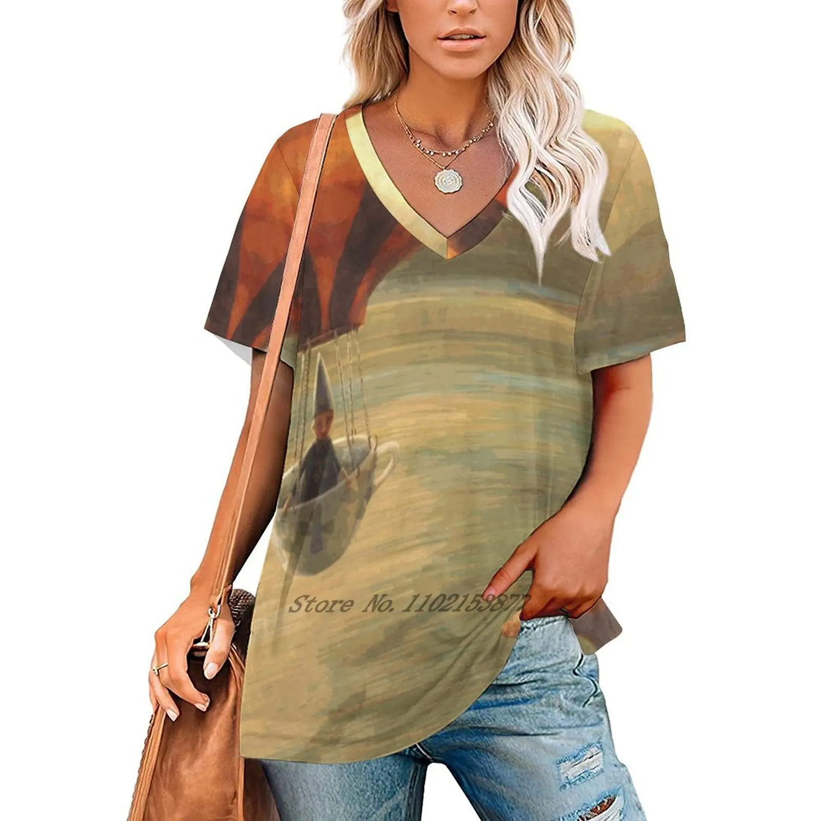 Ballooning Women Print T-Shirt Summer Casual Tops Streetwear T Shirt Boho Ladies Top Balloons People Teacups Landscape Morning