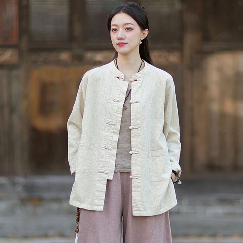 

Chinese Style Women Cotton Linen Casual Shirt New 2026 Spring Vintage Mandarin Collar Solid Color Female Tops Shirts M2393