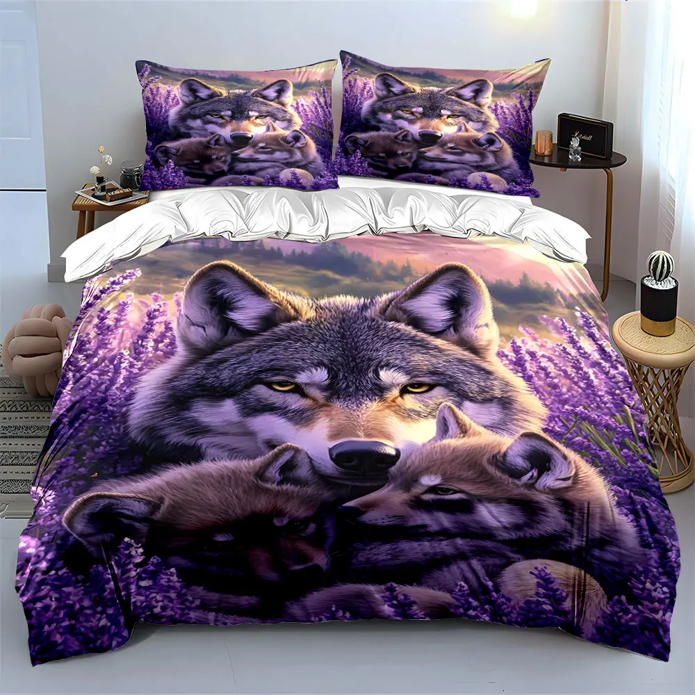 Wolf Family Lavender Artwork Set Multiple sizes kid's and adults' bedroom Exquisite 3PC bedding set, gift