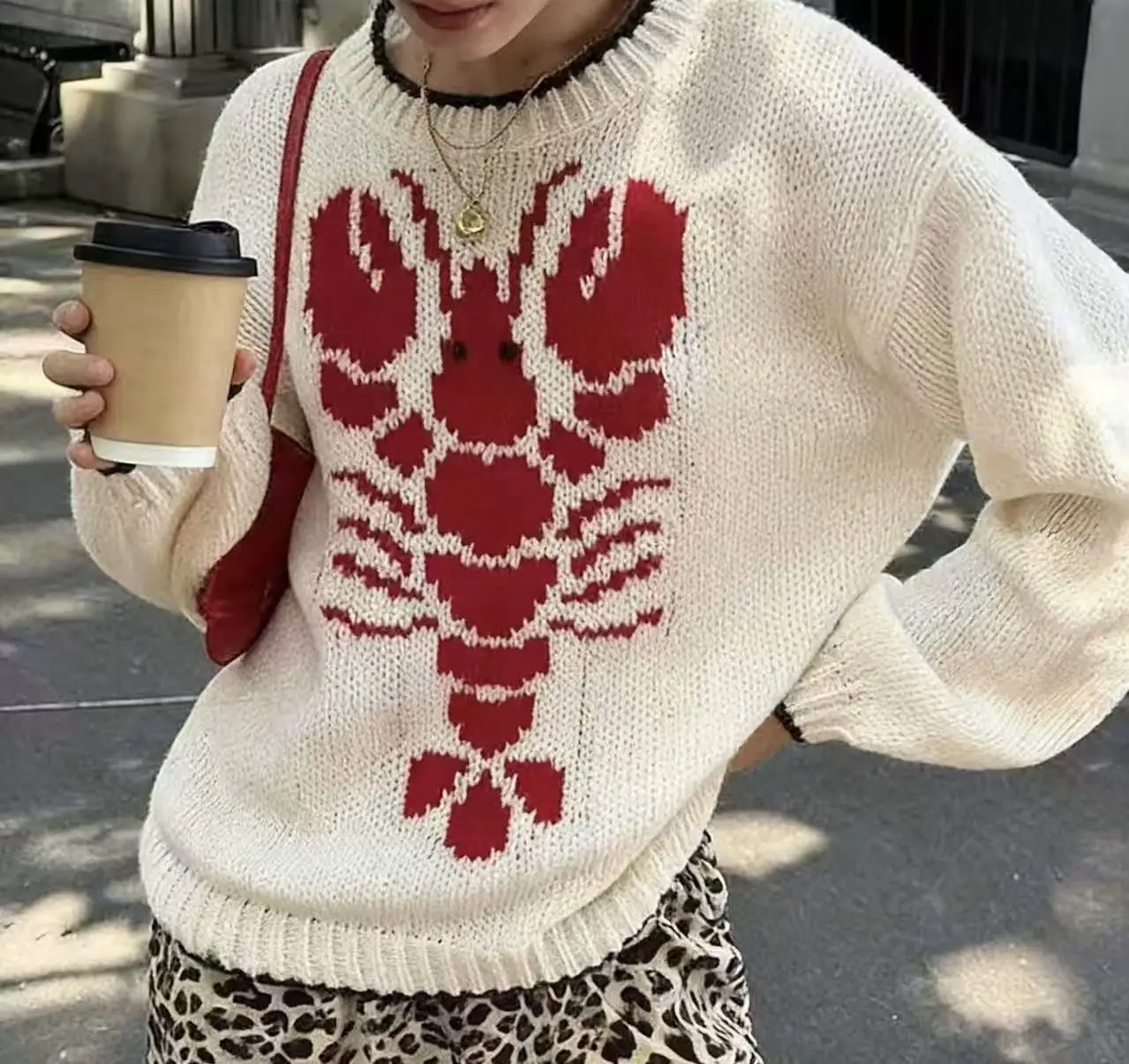 

Autumn Winter Women Oversized Loose Knit Pullover Cute Red Lobster Pattern Jacquard Sweater Contrast Edge Crew Neck Casual Long