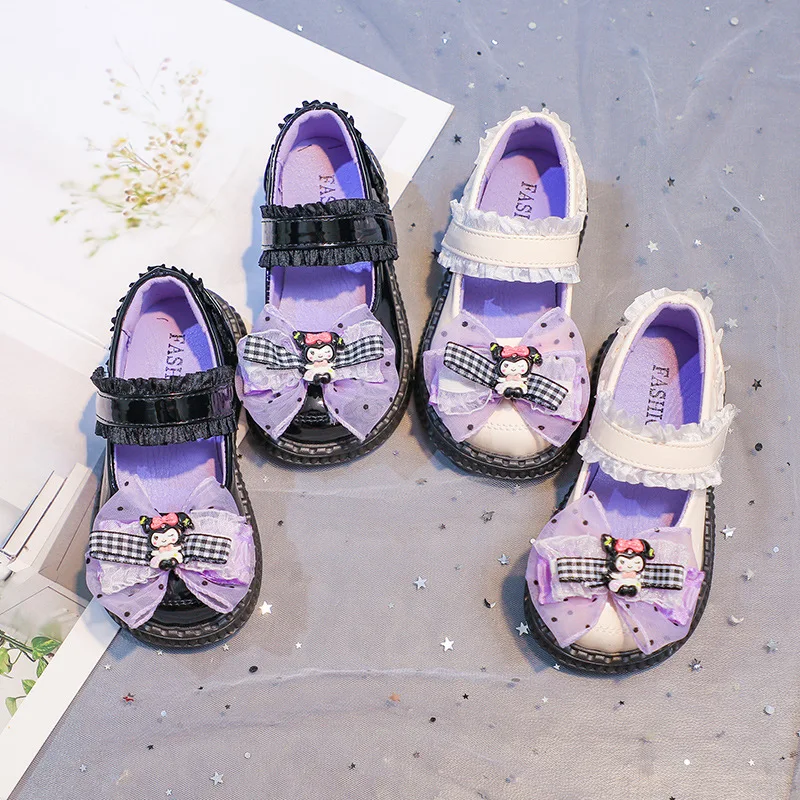 

Детская повседневная обувь, обувь из искусственной кожи, весенняя обувь Kuromi для девочек, дышащая бежевая, черная обувь с противоскользящей мягкой подошвой, размер 26-37