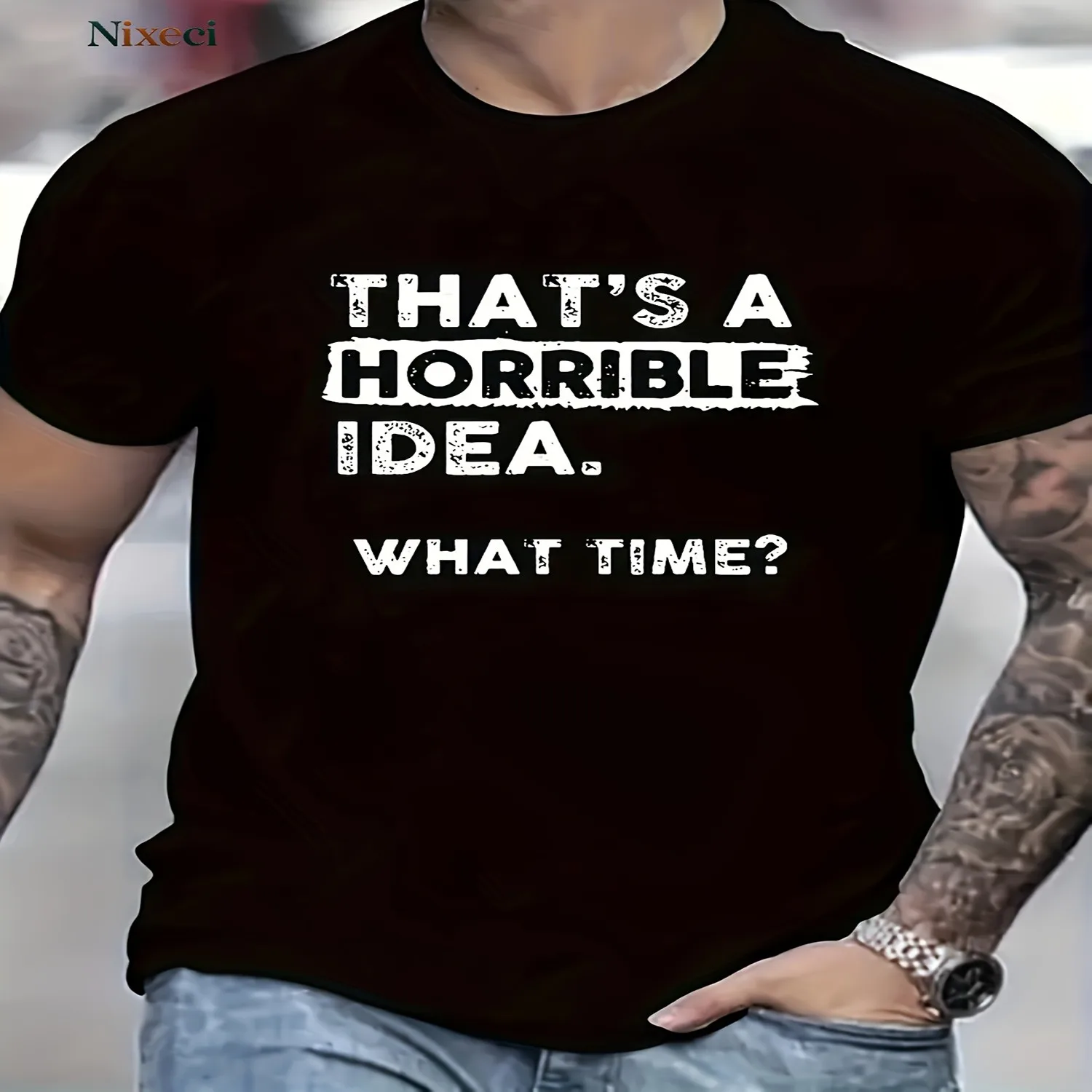 Oversized Men'S Short-Sleeve Shirt Made Of, Trendy And Playful Plus-Size T-Shirt Featuring The Phrase 'This Is a Bad Idea', Classic Retro Design with a Round Neck And Short Sleeves, Machine Washa lightweight tshirt, unisex t-shirt