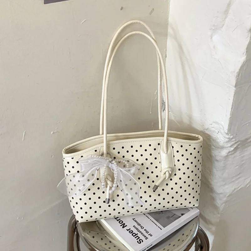 

Korean Polka Dot PU Shoulder Bag Mesh Pearl Bow Pendant High-quality Zippered Handbag Elegant Casual Large Capacity Dating Bag