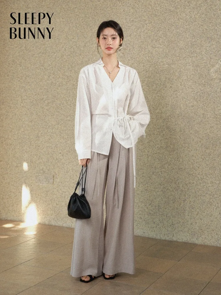 

Women V Neck Wrap Waist Shirt French Style Pleated Blouse Loose Casual Top Spring Long Sleeve Elegant Slim Look Soft Outfit Lady