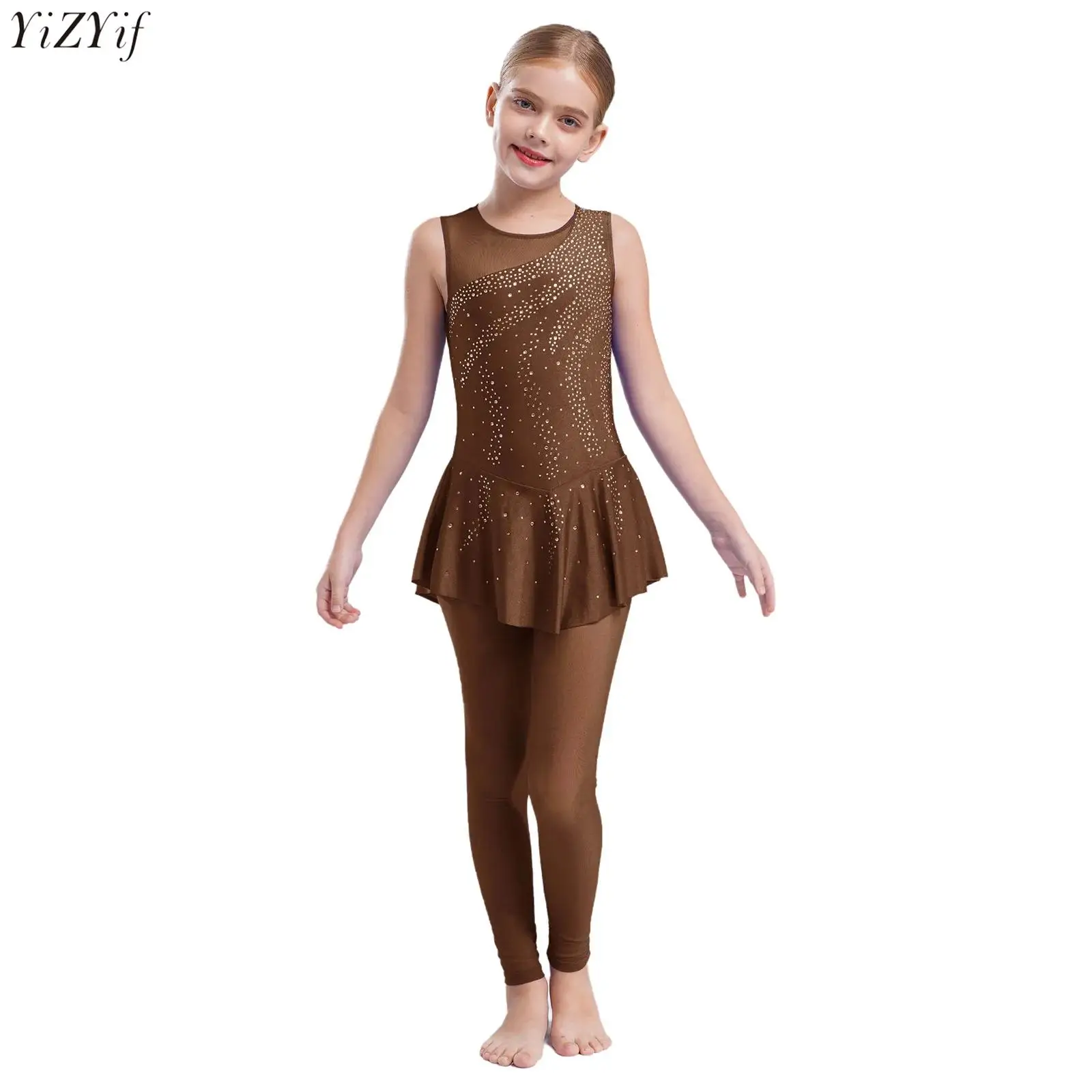

Kids Girls Shiny Rhinestones Jumpsuit Ballet Dance Gymnastics Leotard Sleeveless Sheer Mesh Splice Skirted Bodysuit Yoga Tights