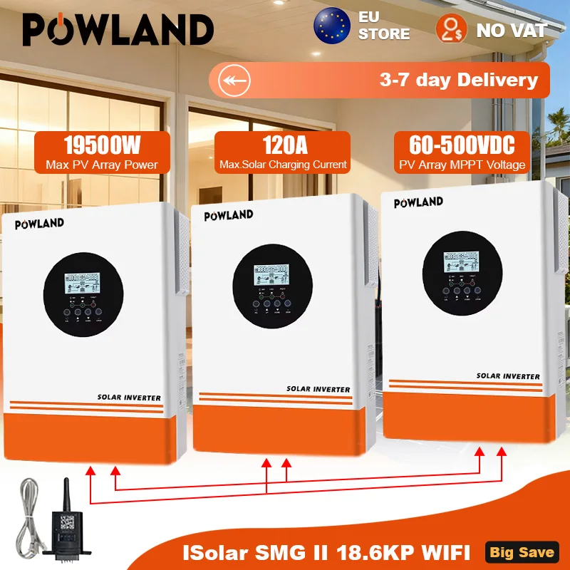 POWLAND 18600W onduleur solaire hybride 48V 220V/380V onduleur triphasé 18.6KW avec contrôleur solaire MPPT 120A fonctionne sans batterie