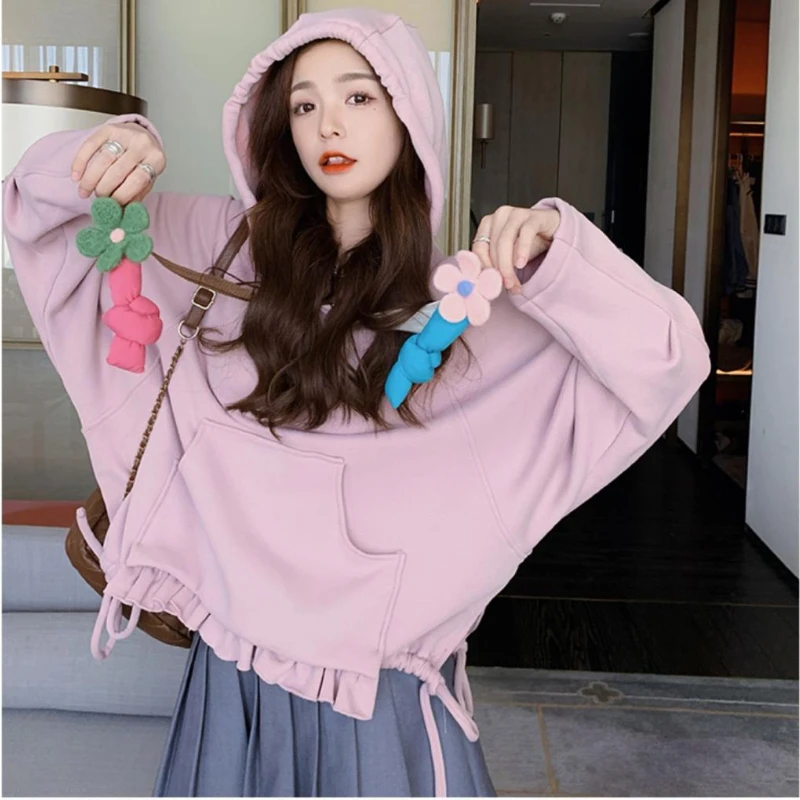 DAYIFUN-Female Short Hooded Sweatshirts Large Size Hoodies Pink and Purple Design Spring Tops Autumn Women's Clothing 2024