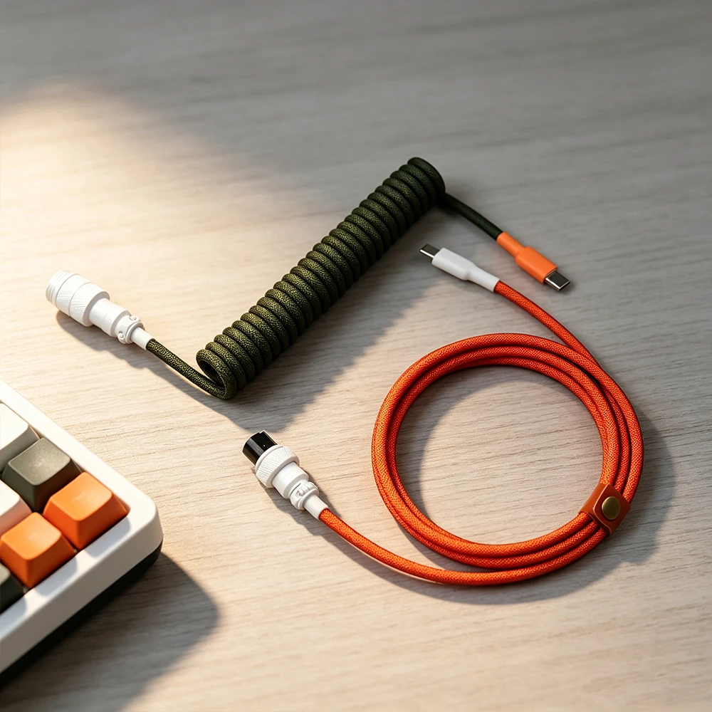 

Type-C to TypeC Coiled Cable Keyboard Double-Sleeved Mechanical Keyboard Cable Desktop Computer Aviation Connector | Yellow-blac
