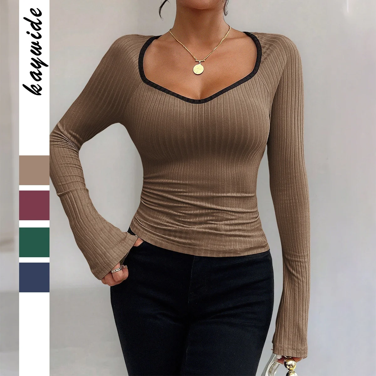 Camiseta de manga larga KaiKuo Cross-Border Y2K Spicy Girl para mujer, de color, corte ajustado, tejido de punto, no requiere planchado.