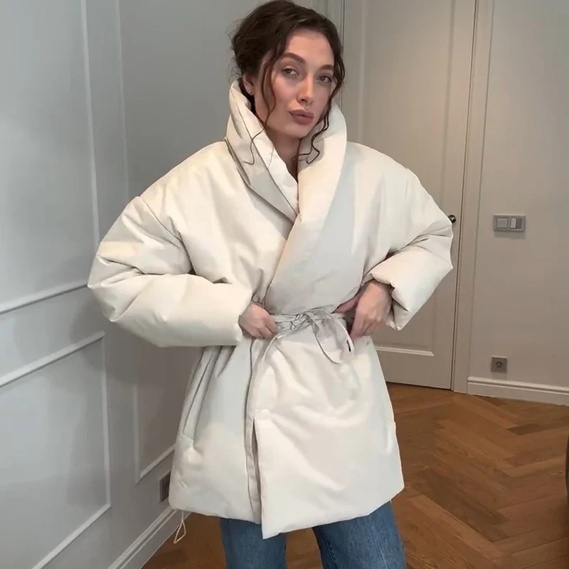 Casual Solid Loose Thicken Coat Women Lapel Full Sleeve Lace Up Single Breasted Female Coats Female 2026 Winter Lady Jacket