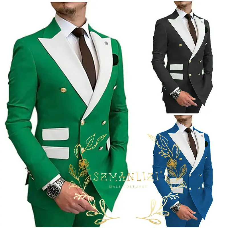 

Handsome Green Man Suit For Wedding Double Breasted Groom Tuxedos 2 Pieces Mens Prom Party Suits Best Man Blazer Masculino