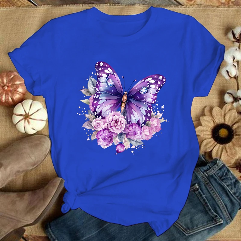 (Premium Sweatshirt)New Flower Butterfly Printing T Shirts Unisex Fashion Short Sleeve T Shirt Summer Casual Loose T-Shirt