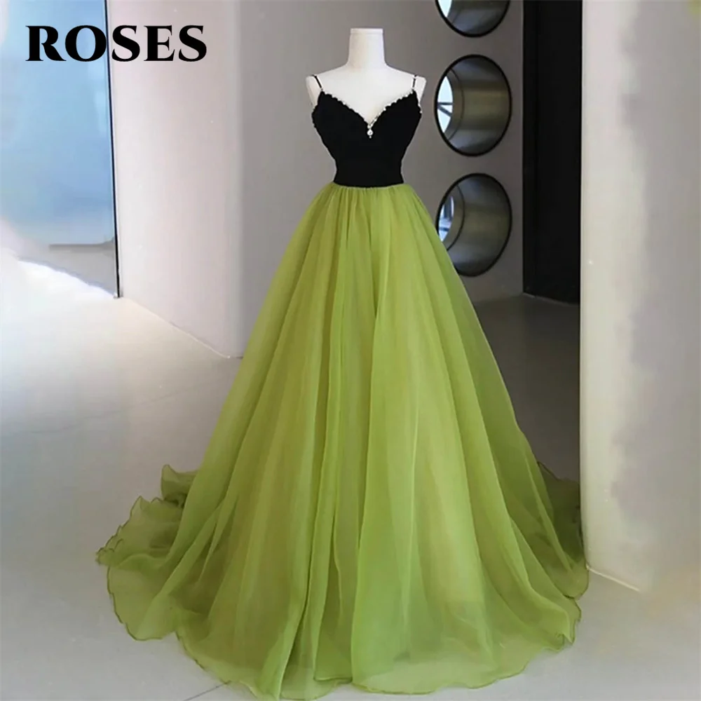 

ROSES Olive Green Net Evening Gown Beading Spaghetti Strap Elegant Prom Dress Lace Up Back Wedding Evening Dress robes de soirée