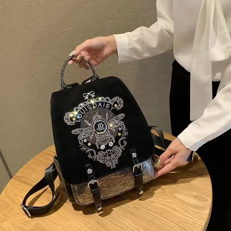 Brand Women Diamond Backpack Fashion Embroidery Shoulder Bag Large Capacity Female Backpack Luxury Soft Leather Travel Backpack