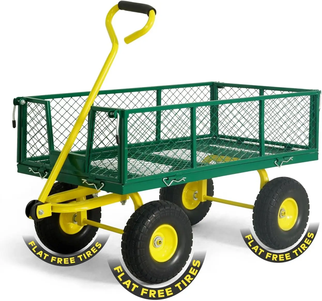 

Metal Green Garden Cart, w/ 180° Adjustable Yellow Handle, w/Mat and Strap, Heavy Duty 880 lbs Capacity, trolley