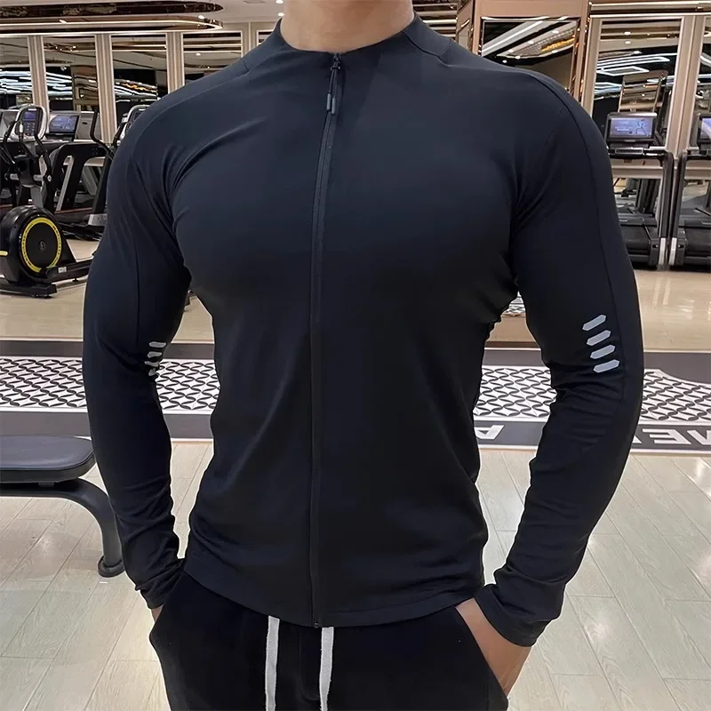 Hoodless Sports Jacket for Men in Autumn Thin Elastic Quick-drying Running Fitness Training Tight Jacket Morning Running Suit