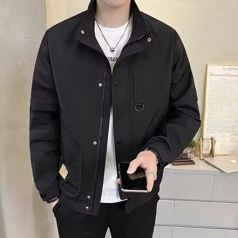 

Thiened Cotton Stand Collar Men's Jaet Spring Autumn Faion Slim Fit Casual Versatile Outerwear for Teenagers