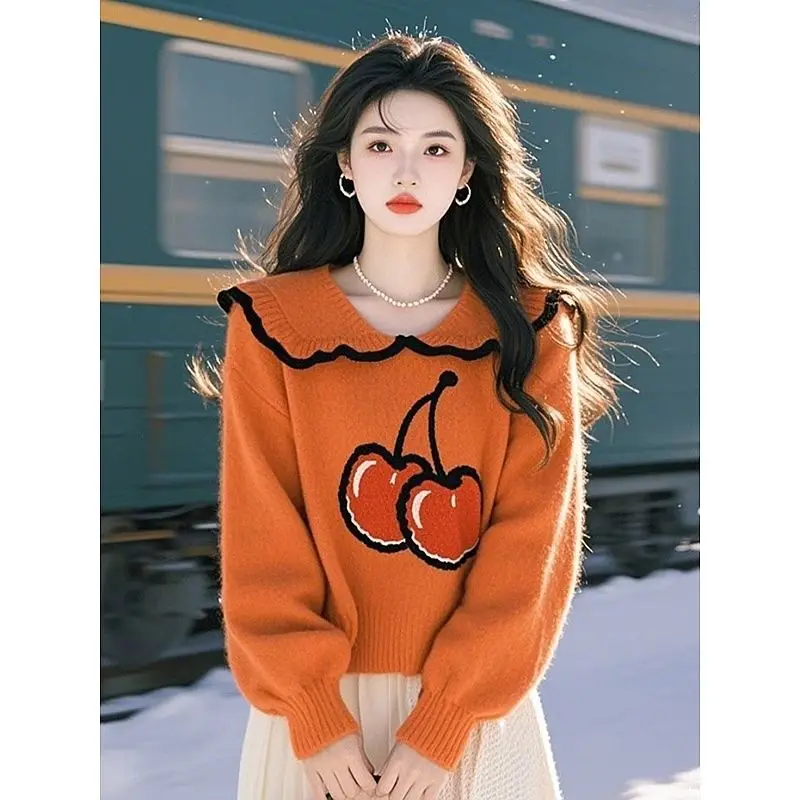 Women Autumn Winter Casual Loose Printing Solid Color Turn-down Collar Long Sleeve Women Clothes Lively Cute Sweater Pullover