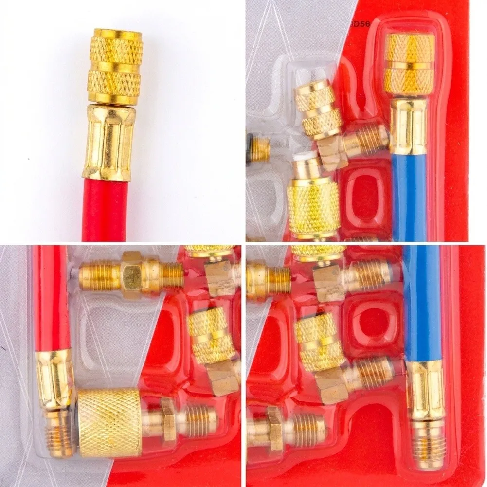 Car Air Conditioning Hose Adapter Kit for R134A For R12 Systems - 8-Piece Brass Set with Front Mount Design and Multiple Sizes