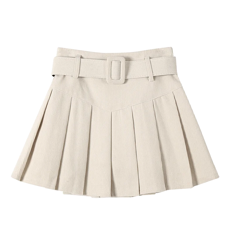Autumn Winter Vintage Corduroy Pleated Women's A-line Skirts Sashes High Waist Office Sexy Mini Skater Skirt Female