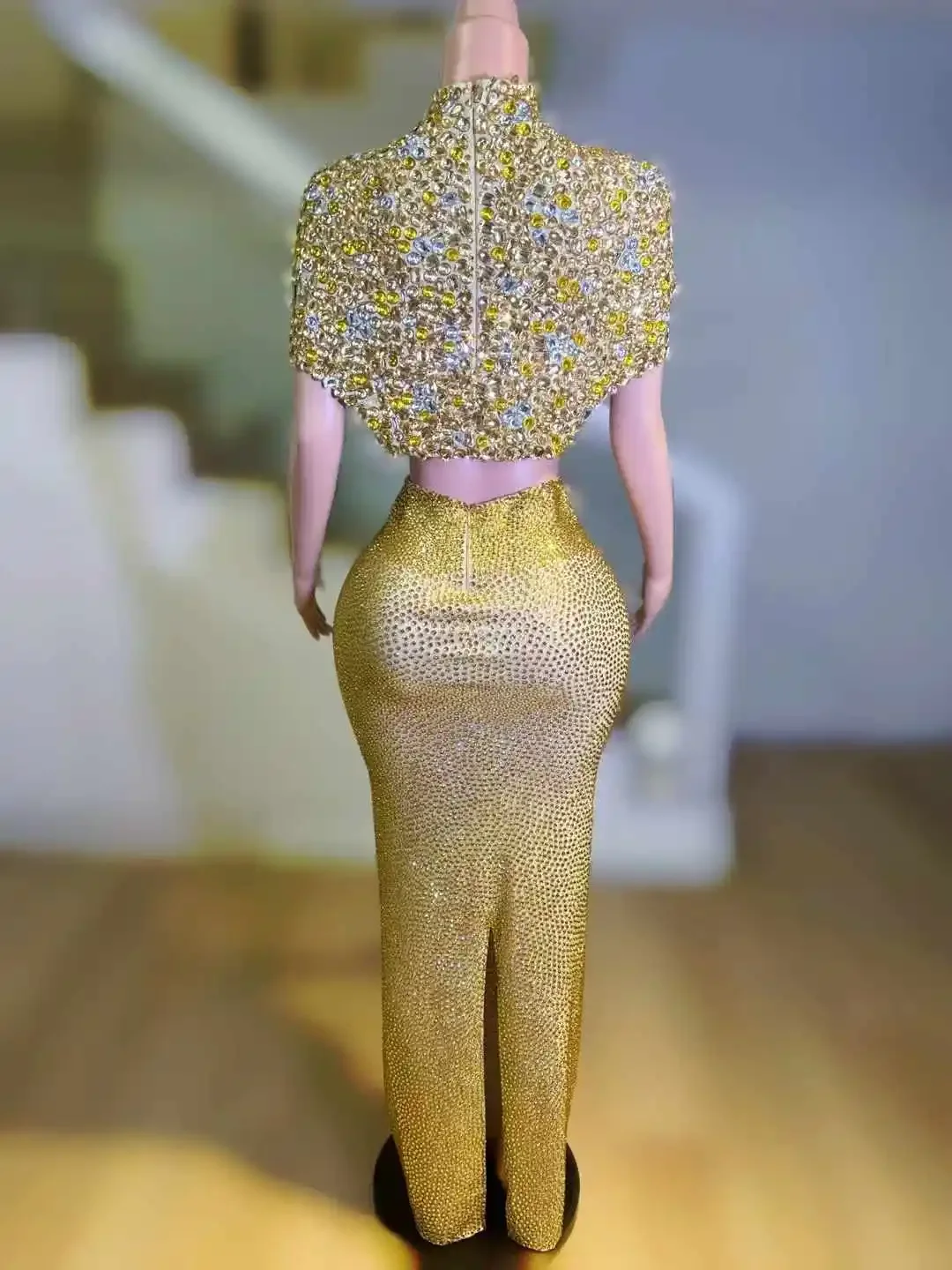 여성용 골드 2피스 크리스탈 탑과 풀 라인스톤 스커트 세트, 이브닝 파티, 생일, 사진 촬영 소품, 무도회 축하용