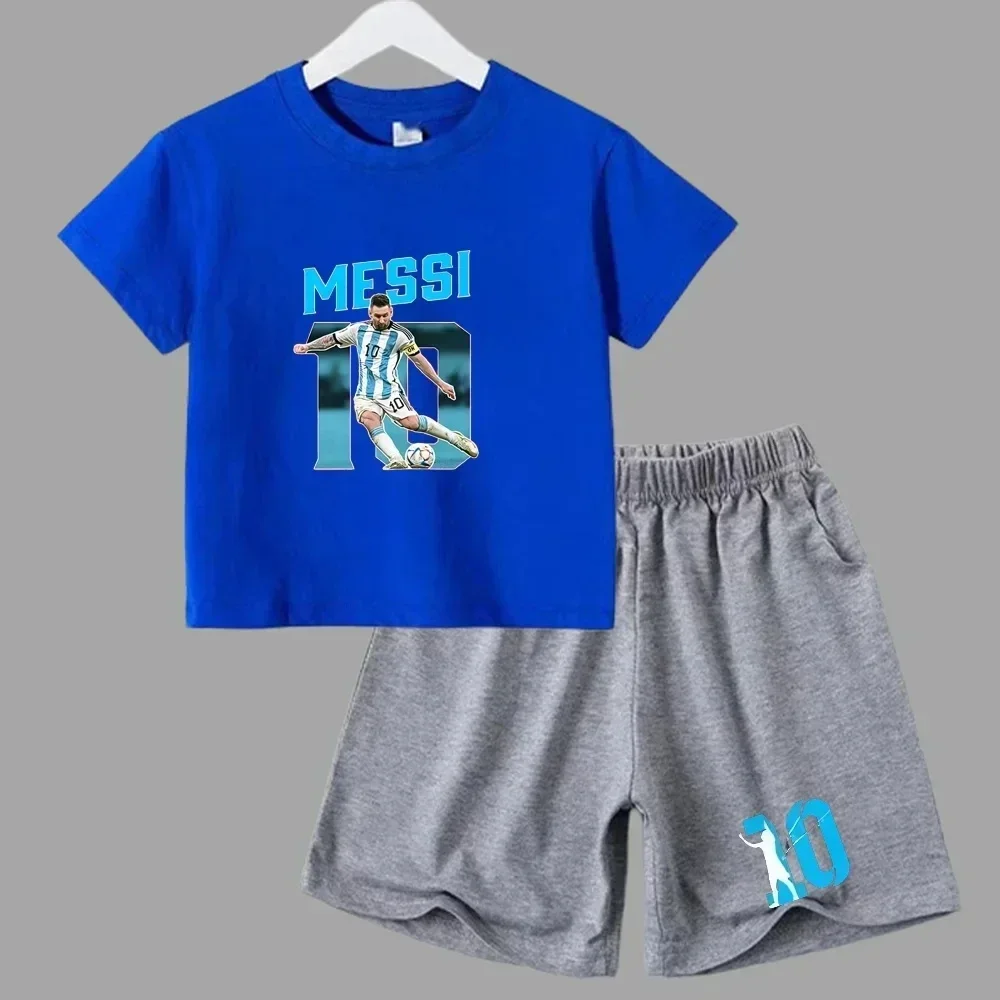 Summer Kids Football No.10 Messi Brand Print T-shirt+shorts 2pcs Set Sports Suits 3-14Y Boys Girls Idol Streetwear Children Sets