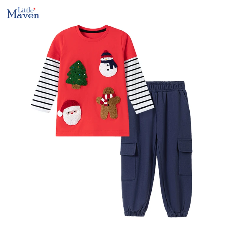 

Комплект детской одежды Little maven, детская одежда для маленьких девочек, осень-весна 2022, рождественская одежда с рисунком снежного человека, комплекты топ + штаны