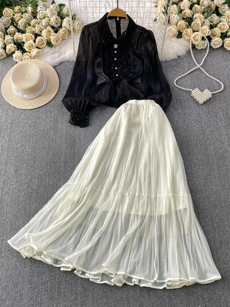 

Light luxury embroidered bead lace lapel collar chiffon shirt elegant pleated long skirt women temperament two-piece set